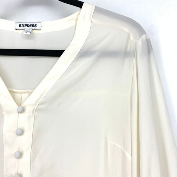 Express Blouse Womens Size Medium Cream Long Sleeve Button Detail V-Neck - Picture 3 of 6